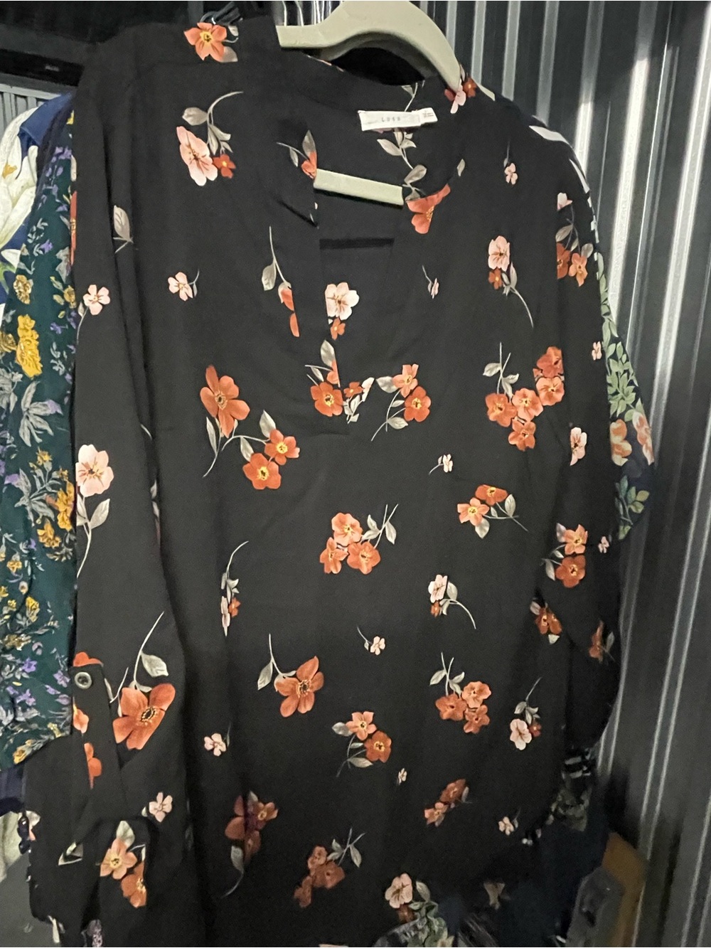 Lush Black Blouse with Orange and Cream Floral Print